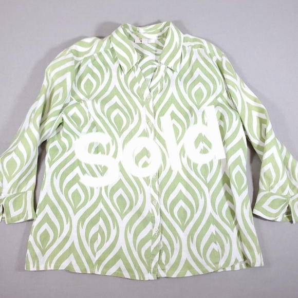 JM Collection 100 Linen Button Down Woven 3/4 Bell Sleeve Lime Green White Sz 16 - Picture 1 of 11